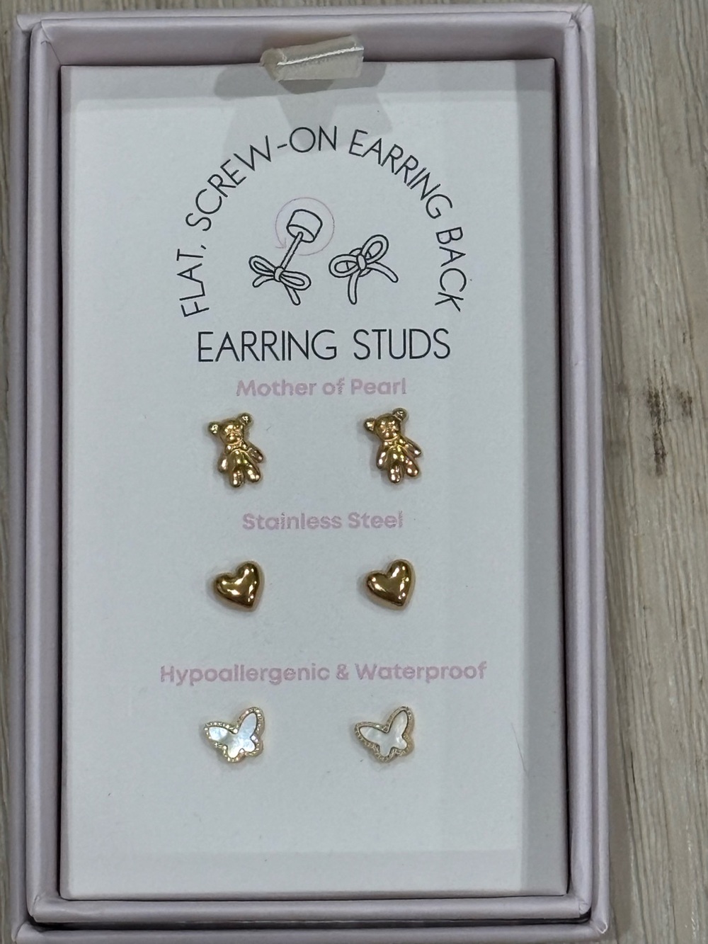 NIB Gold Teddy, Heart & Butterfly Stud Earring Set